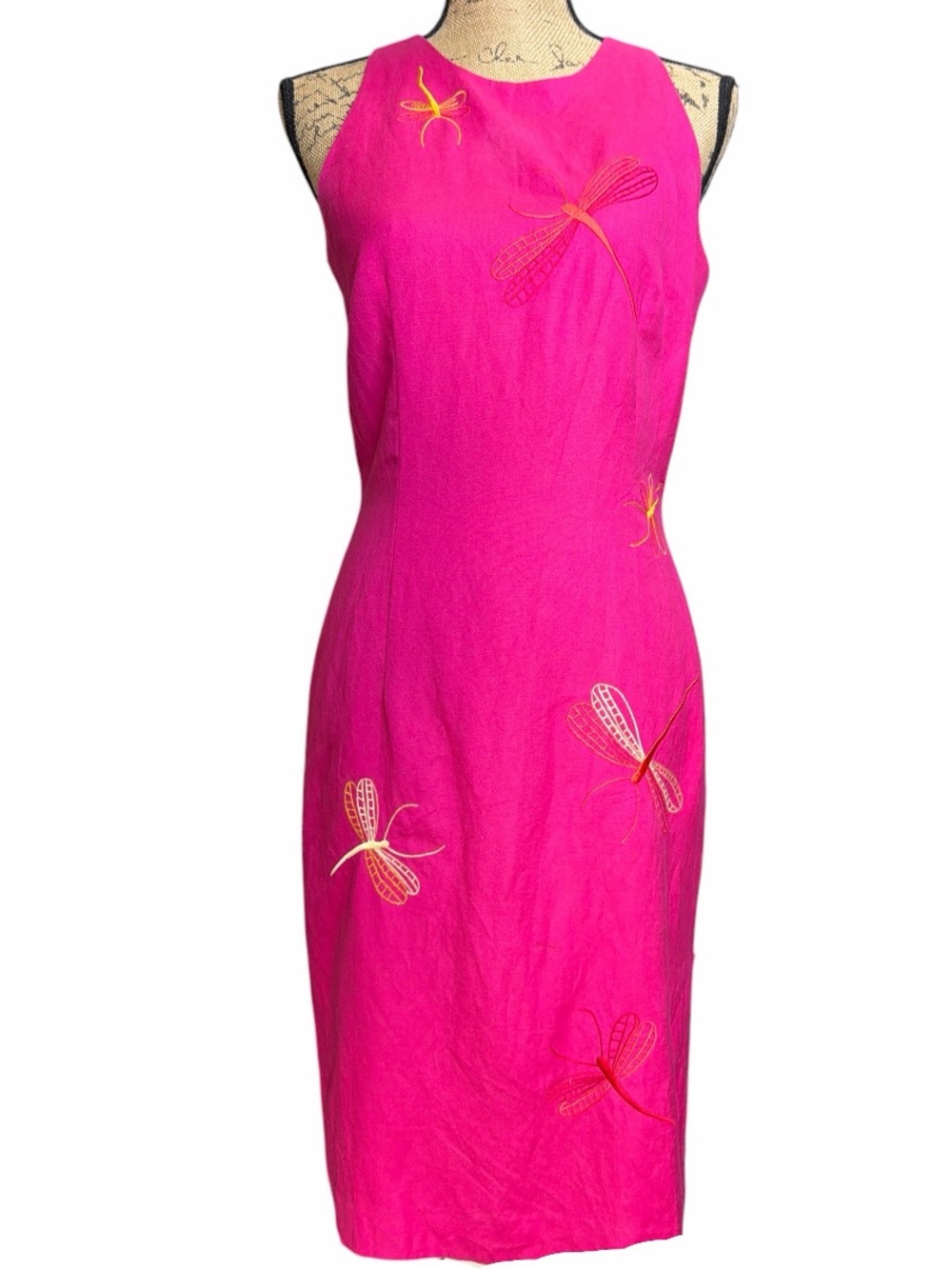 Donna Morgan Sleeveless Hot Pink Dragonfly Embroidered Sheath Dress EC Size 4